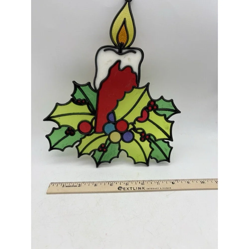 Vintage Faux Stained Glass Candle Holly Christmas Suncatcher Window Hanging